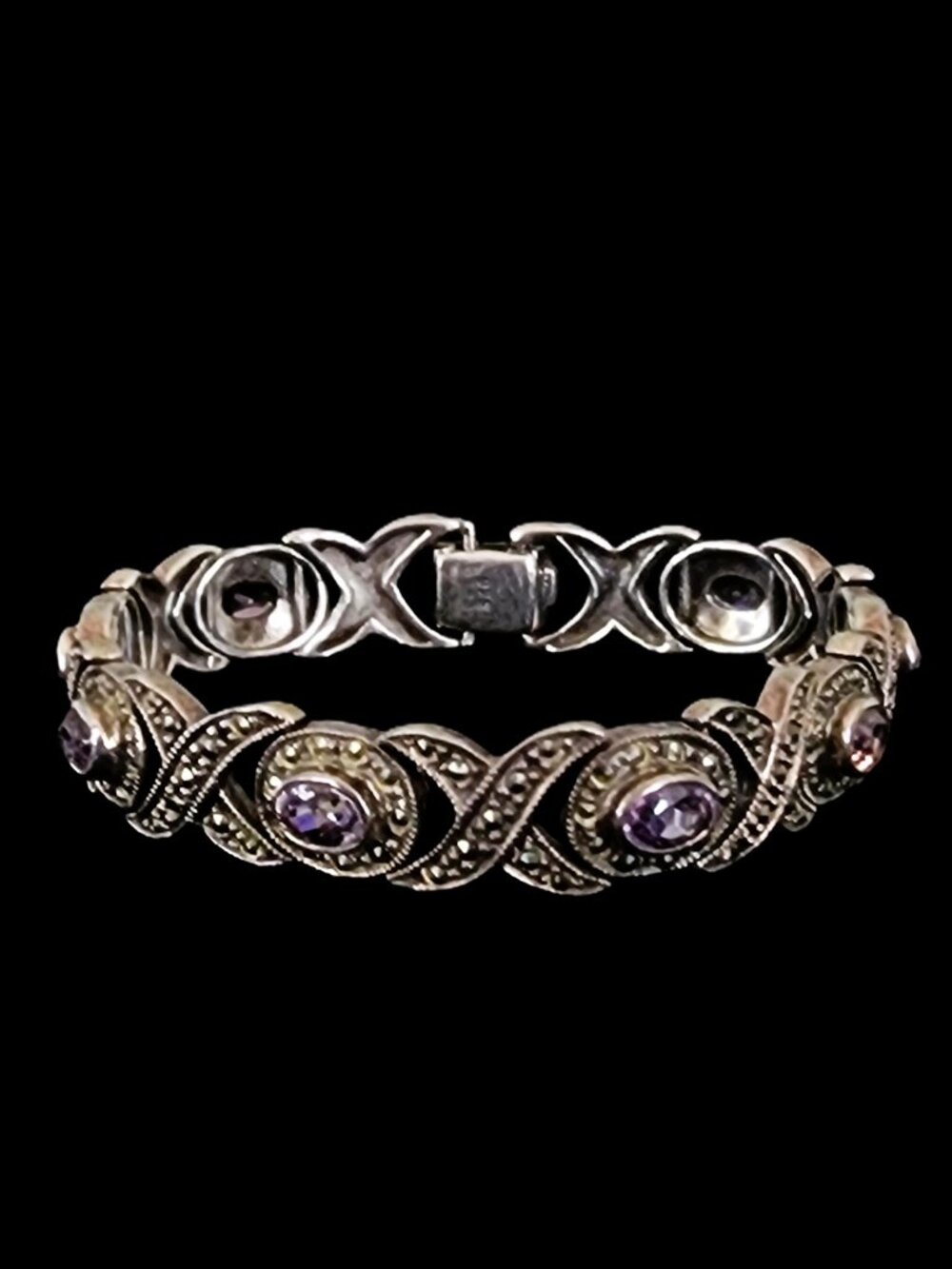 Vintage 90s Sterling Silver Amethyst Marcasite XOXO Link Bracelet Heavy 26.8g 7"